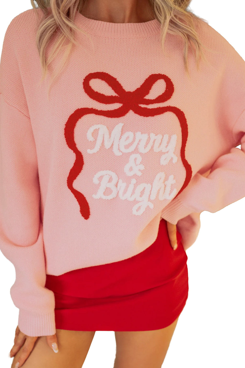 Gossamer Pink Drop Shoulder Round Neck Towel Embroidery Slogan Pullover Sweater
