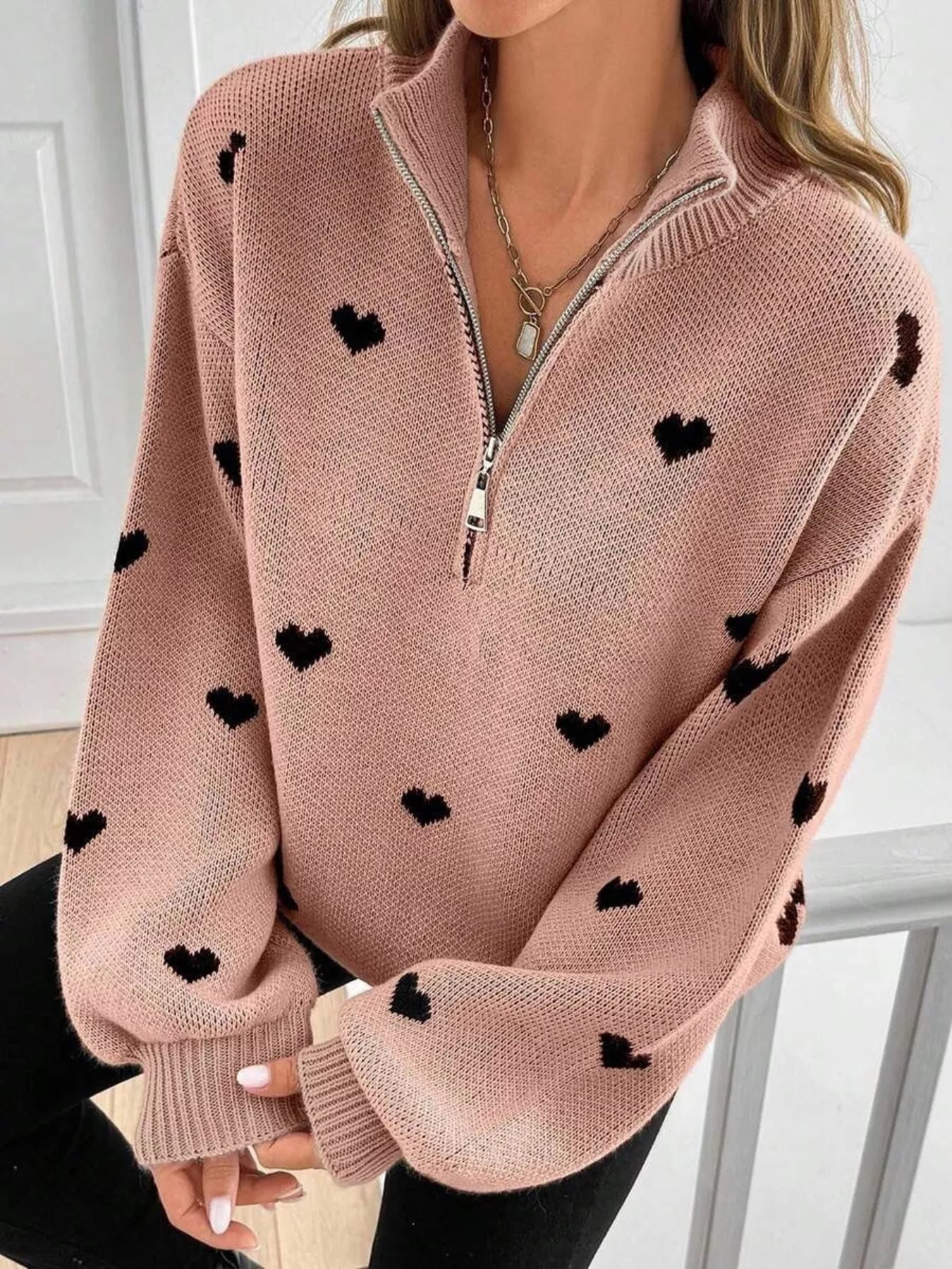 Full Size Heart Half-Zip Long Sleeve Sweater Plus Size