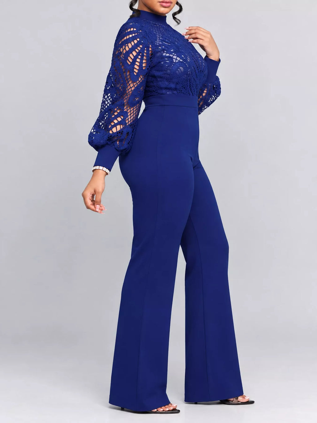 Full Size Lace Lantern Sleeve Flare Jumpsuit Plus Size
