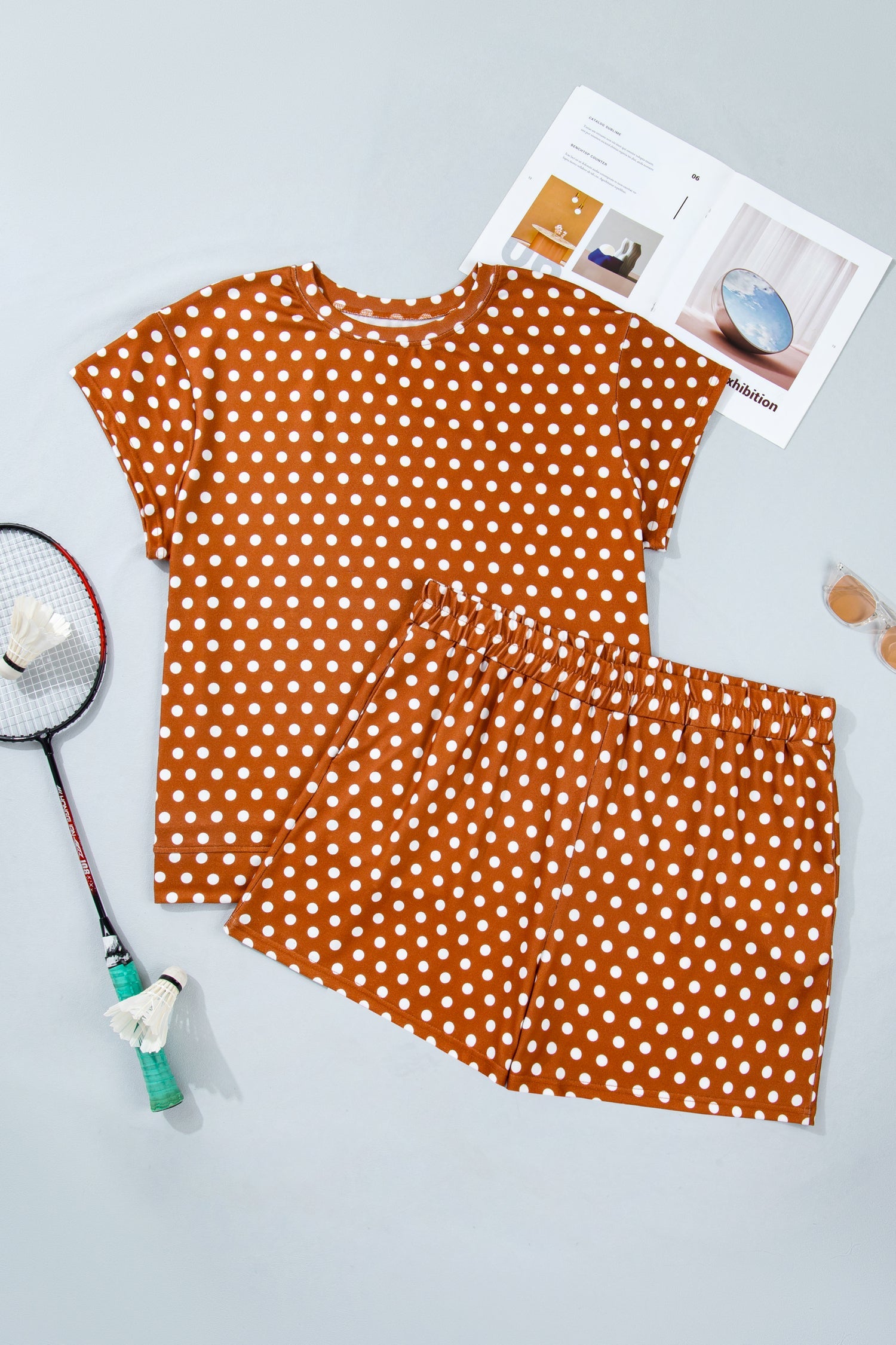 Brown Polka Dot Print Dropped Shoulder Tee Plus Size Short Set