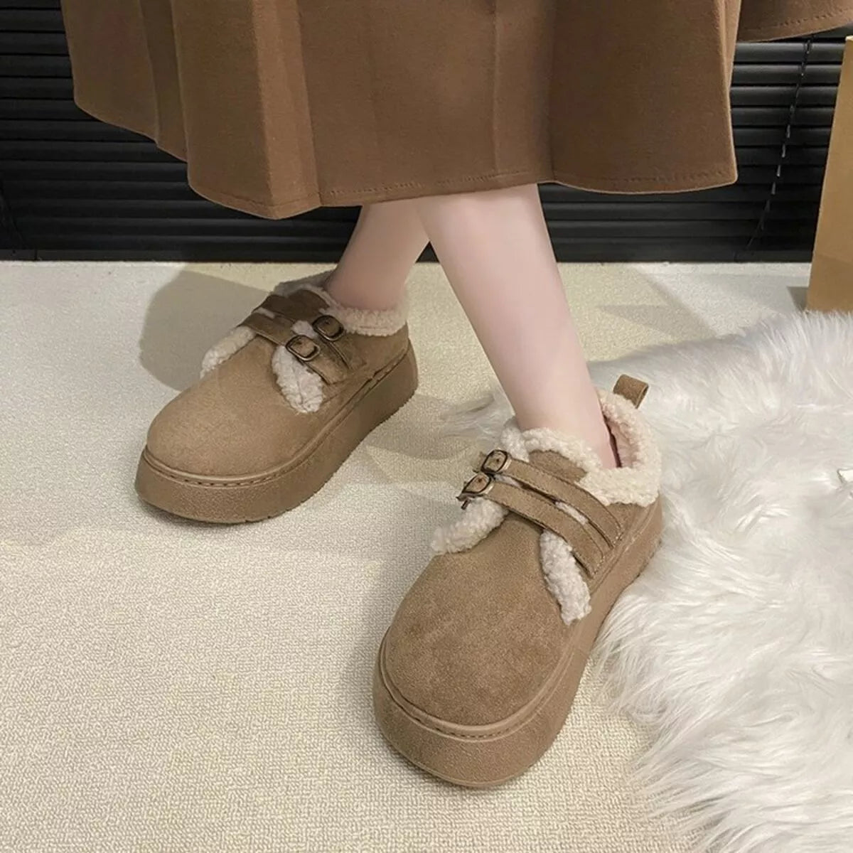 Double Buckle Fur-Lined Winter Ankle Boots