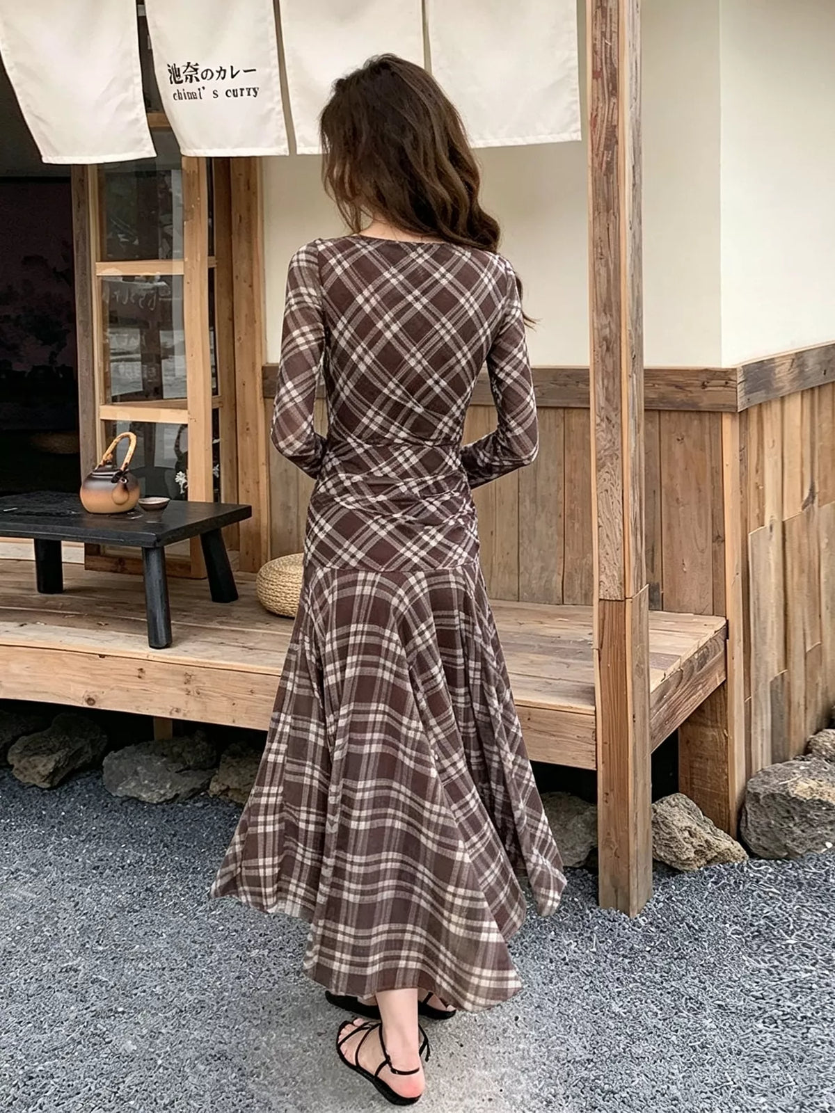 Plaid Long-Sleeve Slim-Fit Maxi Dress