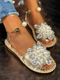 Pearl Crystal Embellished Flat Sandals