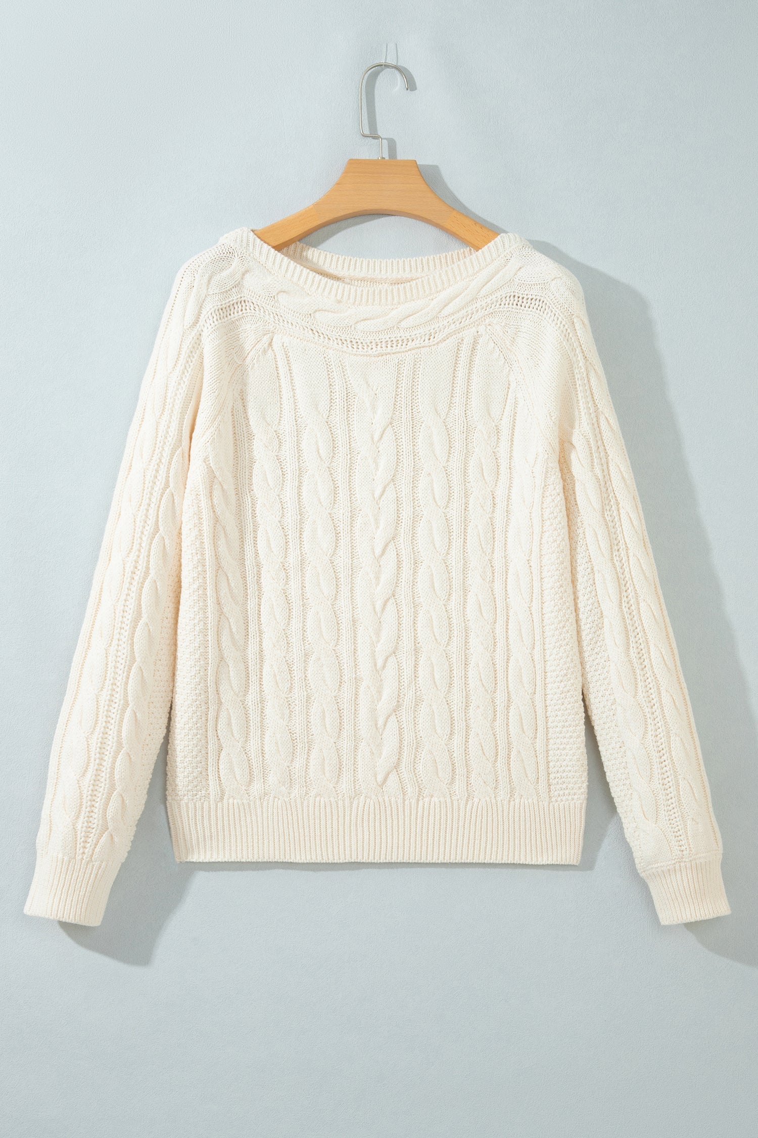Beige Drop Shoulder Round Neck Cable Knit Sweater