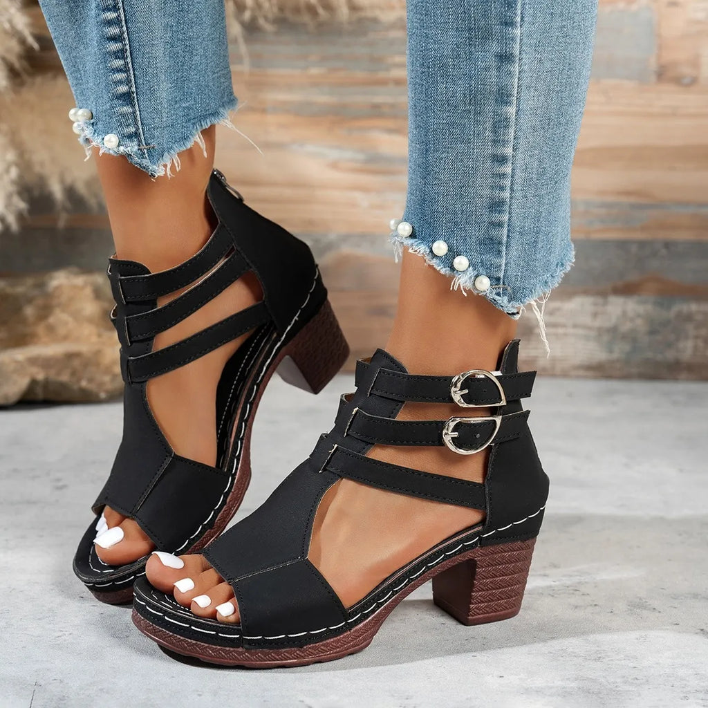 Block Heel Buckle Strap Sandals