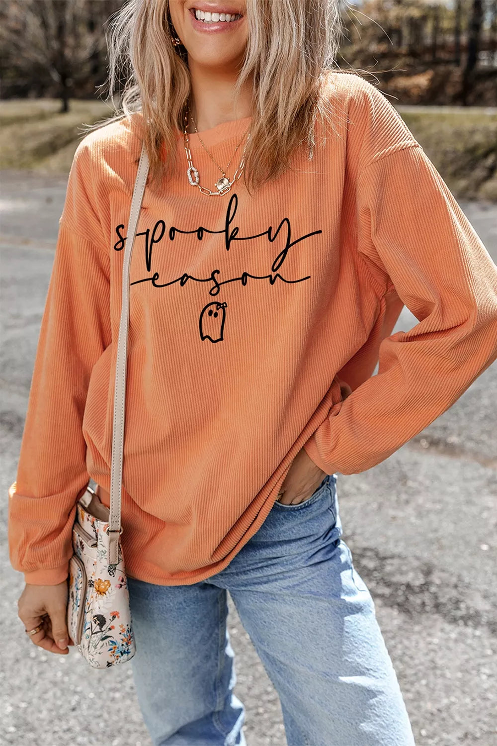 Spooky Season Ghost Letter Cozy Ribbed Pullover Sweatshirt