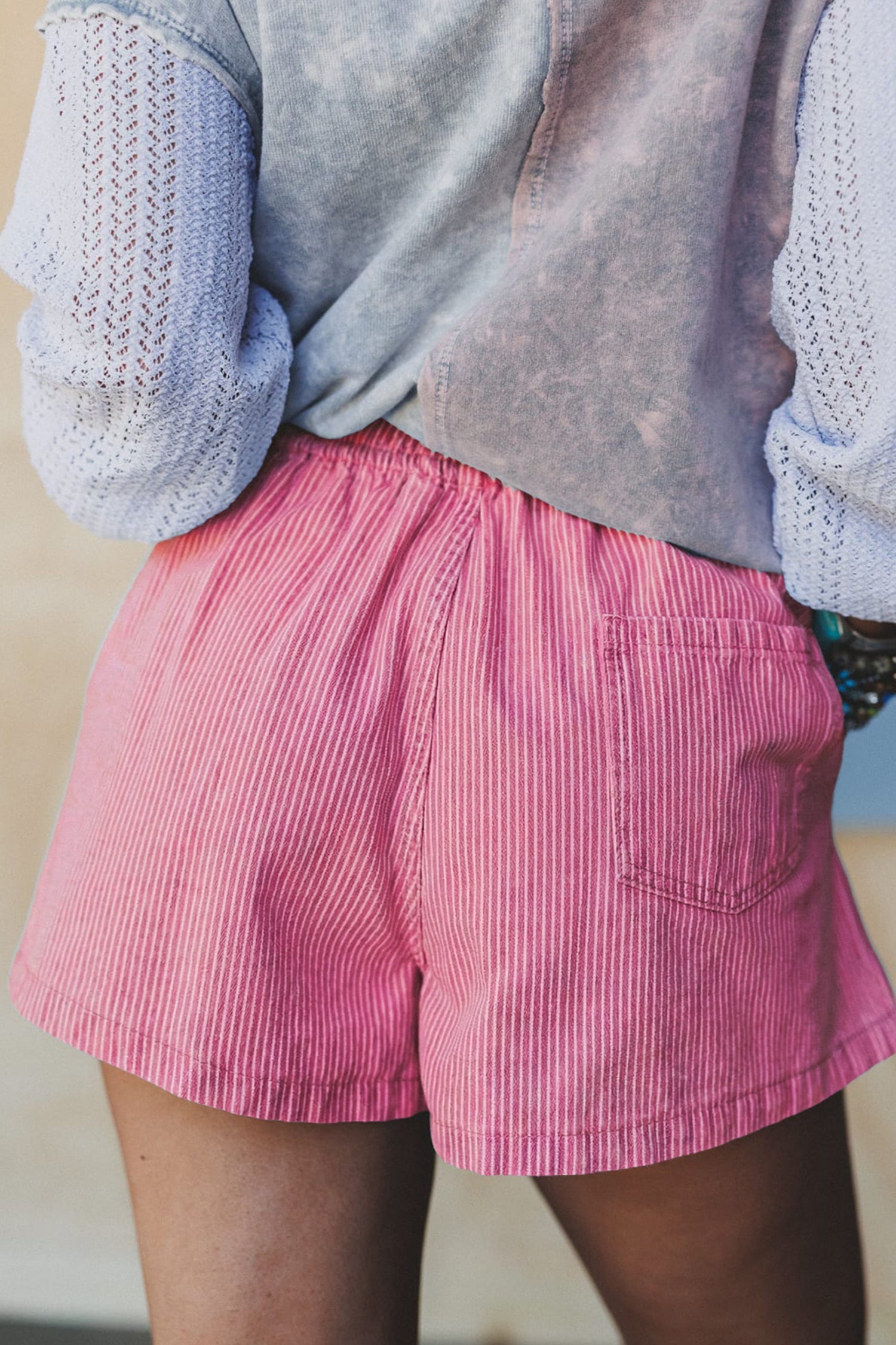 Pink Stripe Drawstring Elastic Waist Casual Denim Shorts