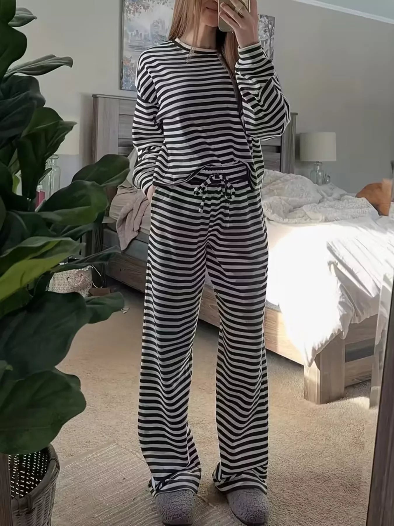 Striped Dropped Shoulder Top and Pants Set