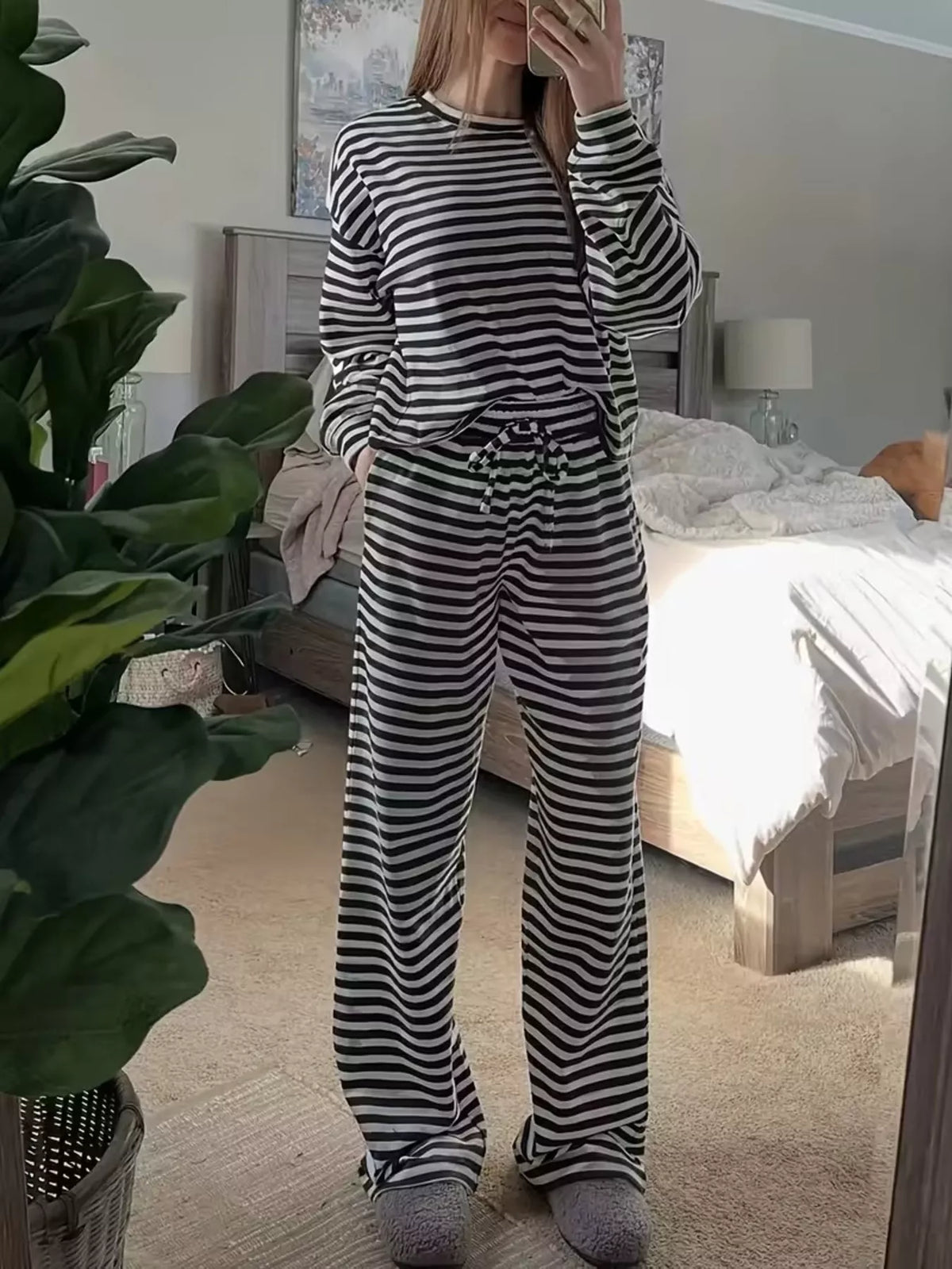 Striped Dropped Shoulder Top and Pants Set