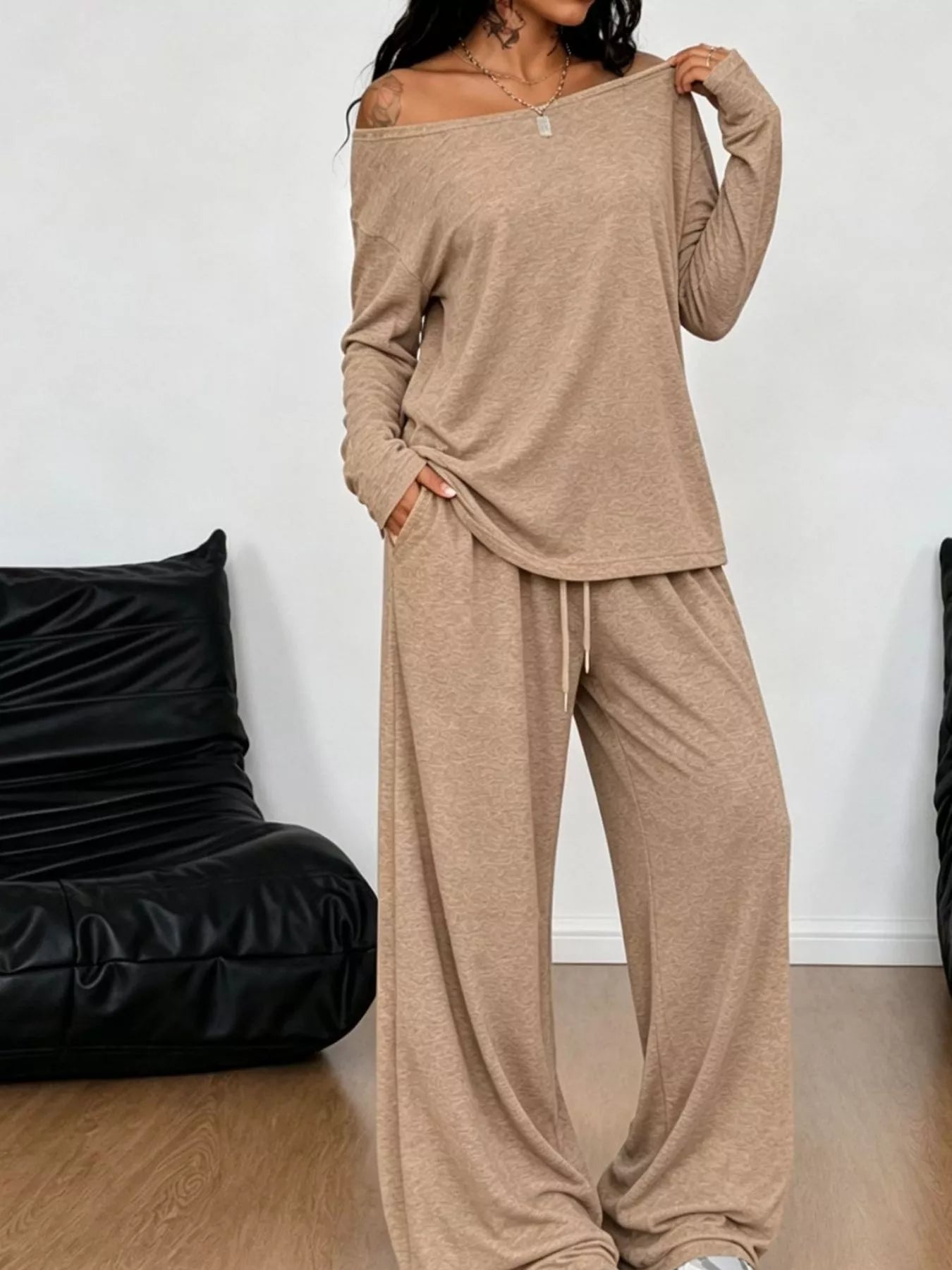 Full Size Comfortable Loose Fit One-Shoulder T-Shirt and Pants Set Plus Size