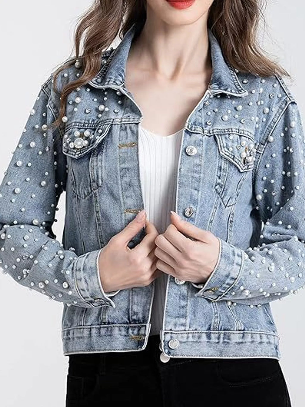 Pearl Detail Button Up Denim Jacket