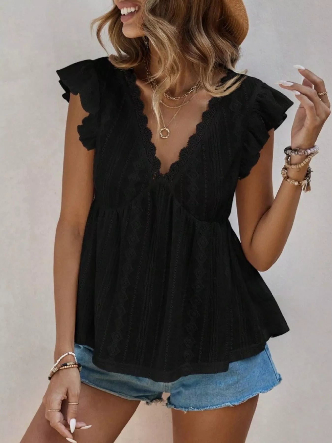 Ruffle Sleeve V-Neck Blouse