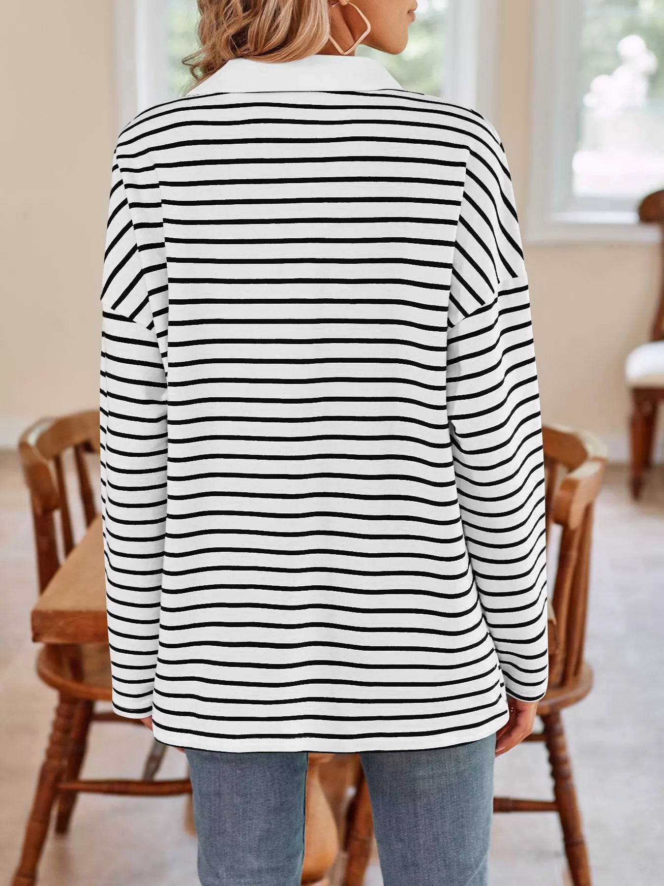 Oversized Striped Johnny Collar T-Shirt