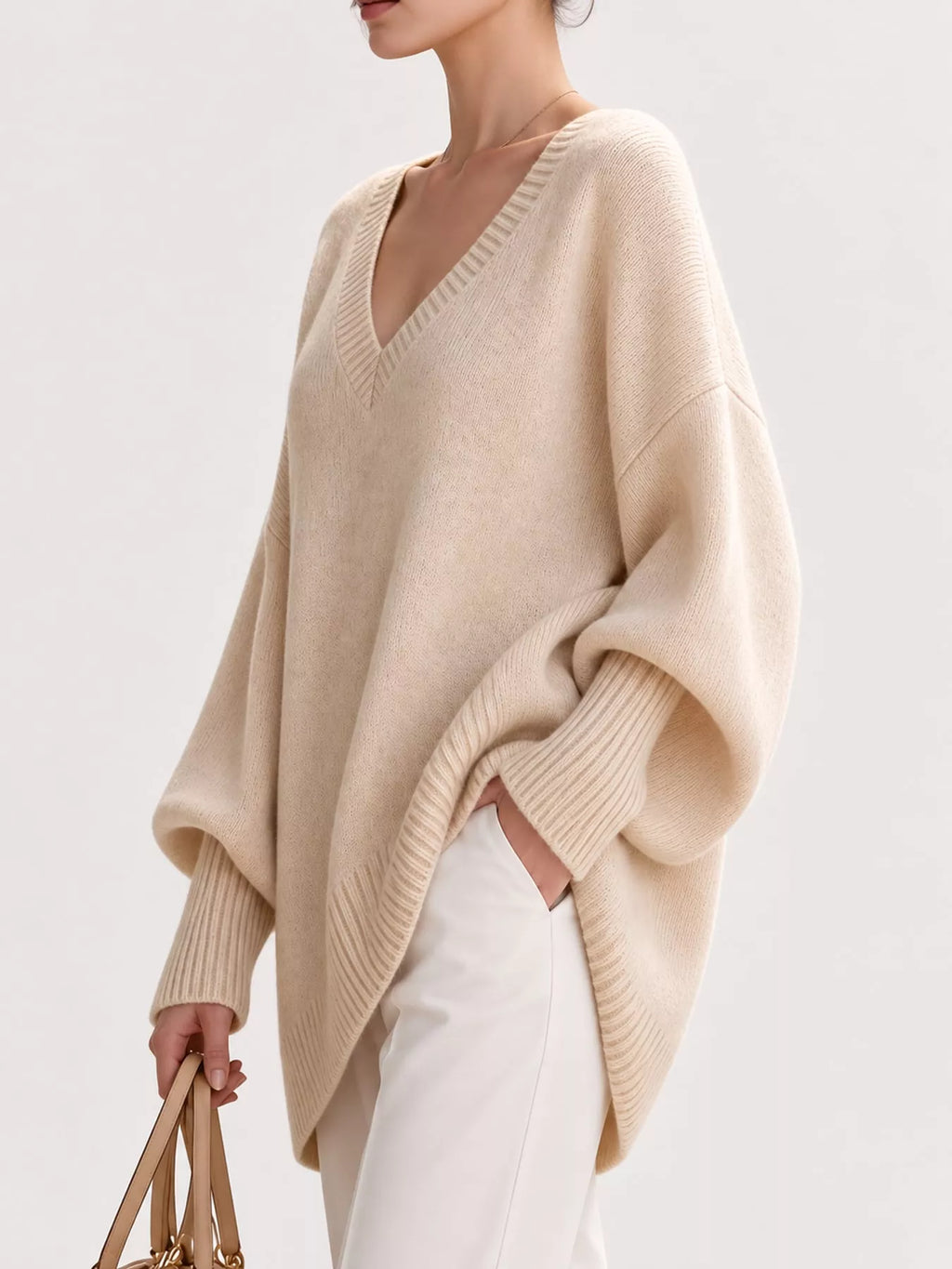 Full Size V-Neck Oversized Batwing Sleeve Sweater Plus Size