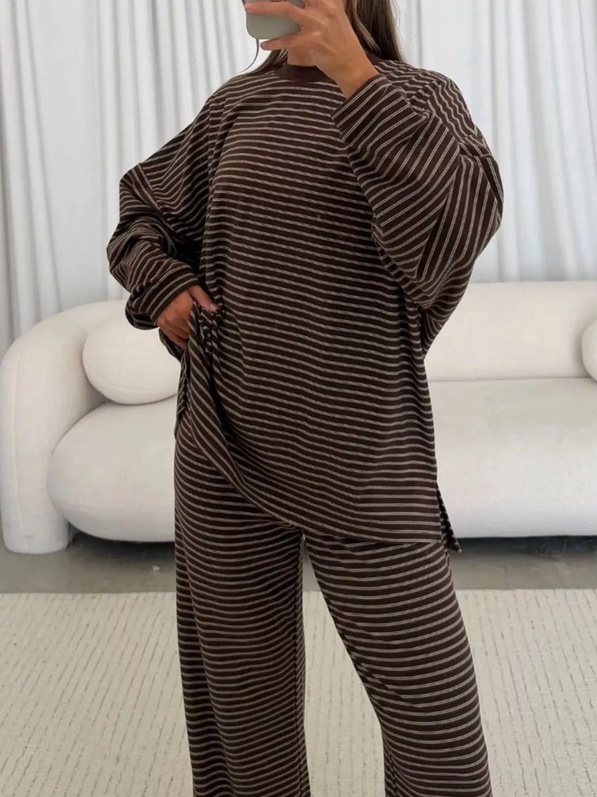 Striped Dropped Shoulder Top and Pants Lounge Set