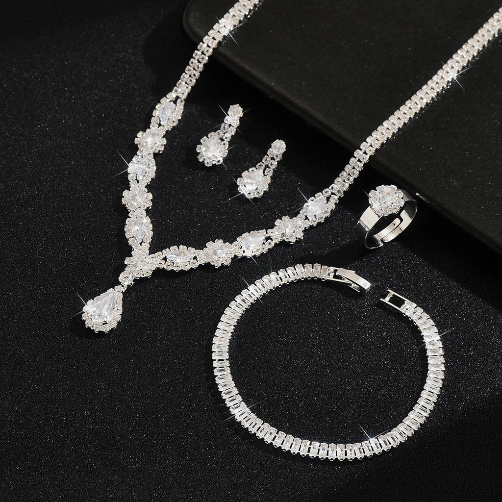 Women 4 Pcs Gold Tone Rhinestone Jewelry Set,Necklace Dangle Earrings Bracelet Ring,Glamorous Bridal Costume Accessories For Wedding Banquet Party Occasion