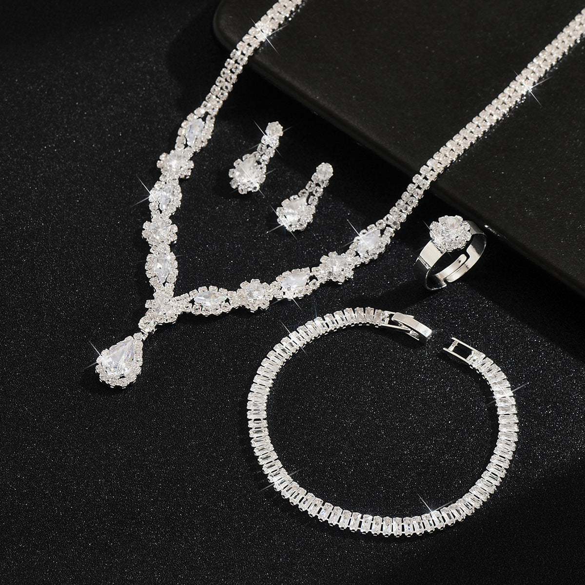 Women 4 Pcs Gold Tone Rhinestone Jewelry Set,Necklace Dangle Earrings Bracelet Ring,Glamorous Bridal Costume Accessories For Wedding Banquet Party Occasion