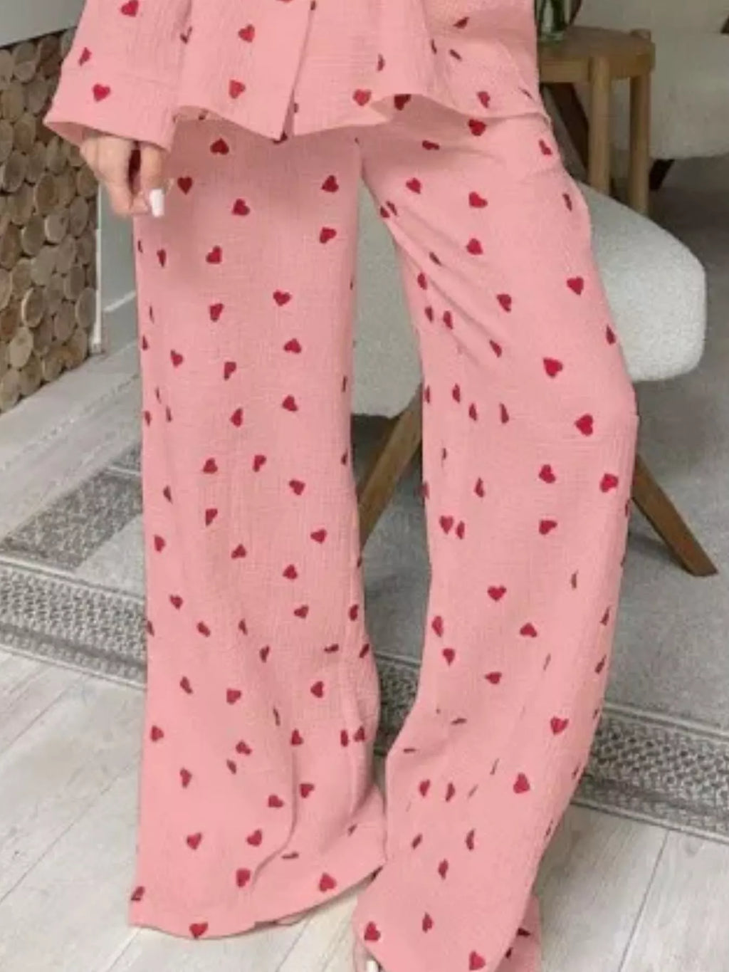 Heart Print Button Up Top and Pants Lounge Set