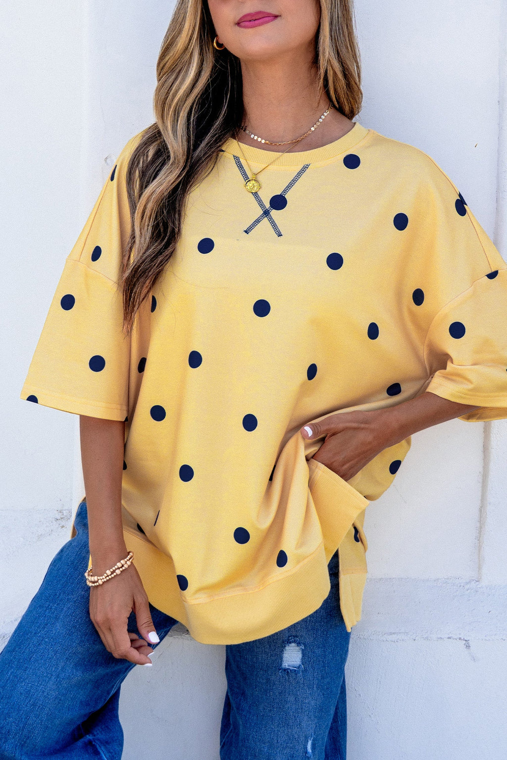 Sky Blue Polka Dot Print Crossed Seam Detail Oversize Tee