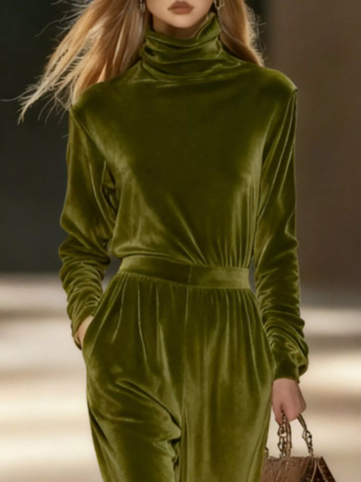 Full Size Velvet Turtleneck Long Sleeve Top and Wide-Leg Pants Set Plus Size