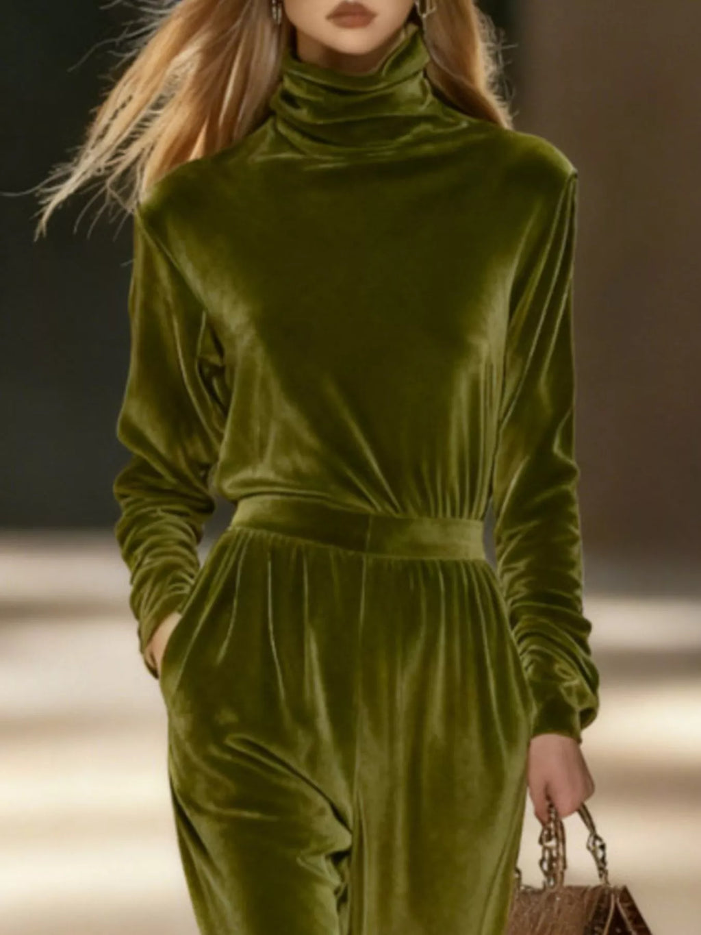 Full Size Velvet Turtleneck Long Sleeve Top and Wide-Leg Pants Set Plus Size