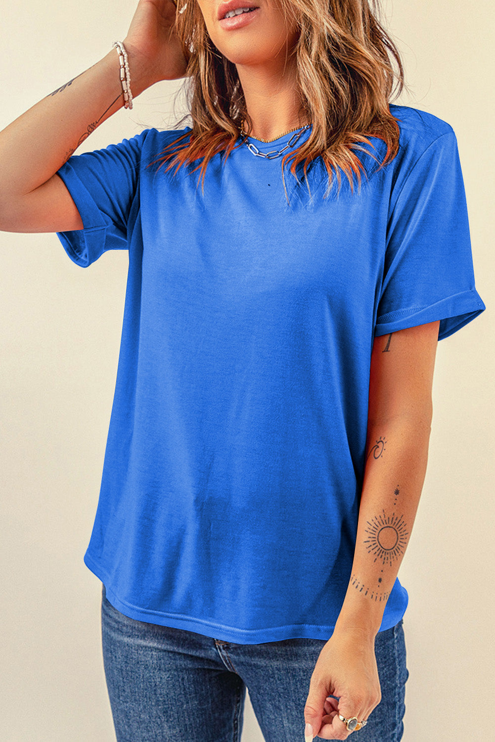 Dark Blue Casual Plain Crew Neck Tee