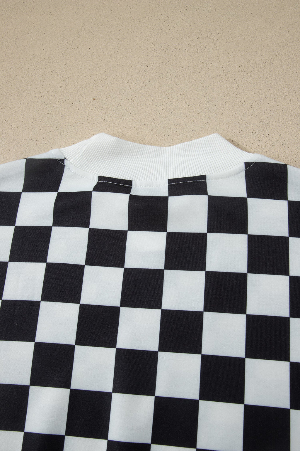 Black Checkered Print Color Block Trim Mock Neck Short Set