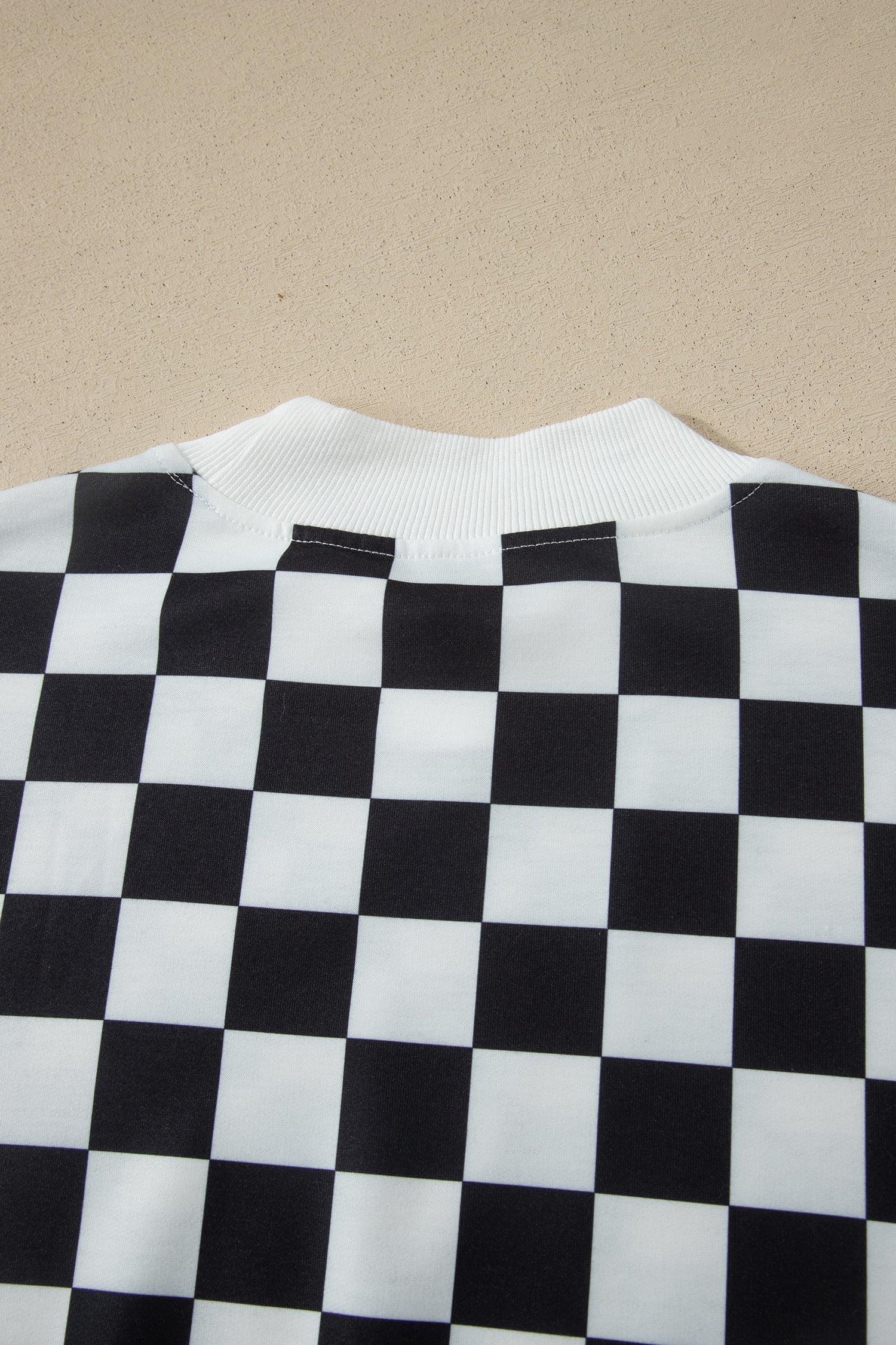 Black Checkered Print Color Block Trim Mock Neck Short Set
