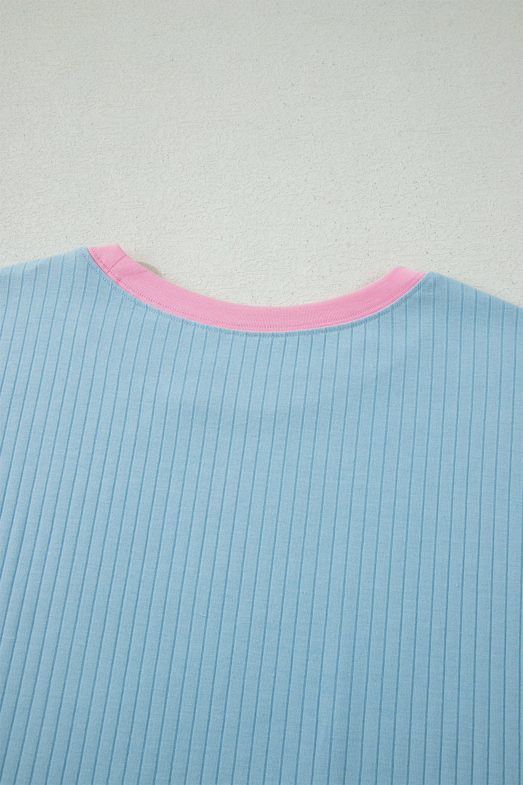 Mist Blue Soft Ribbed Color Block Trim Casual Short Set