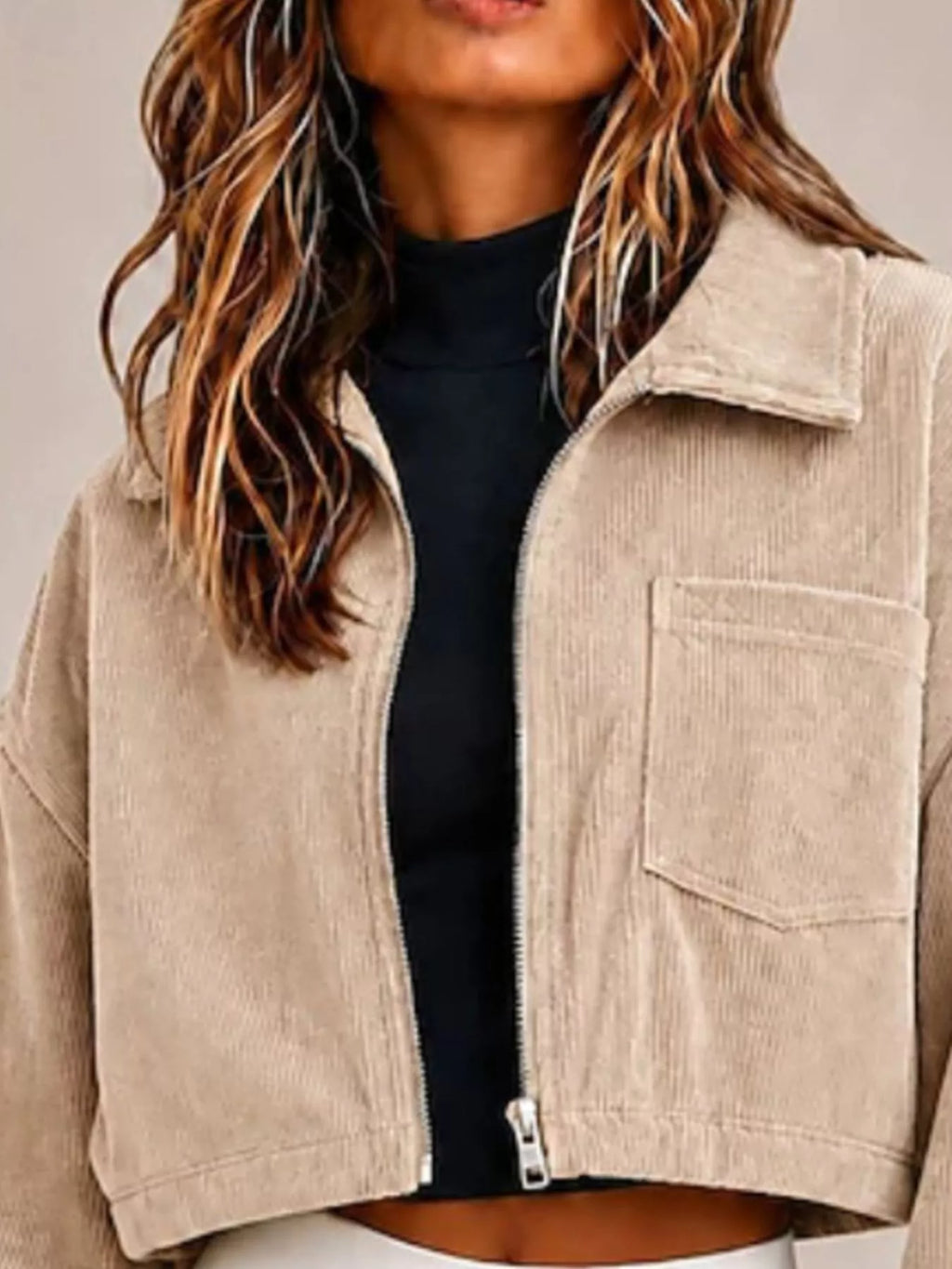 Corduroy Zip Up Cropped Jacket