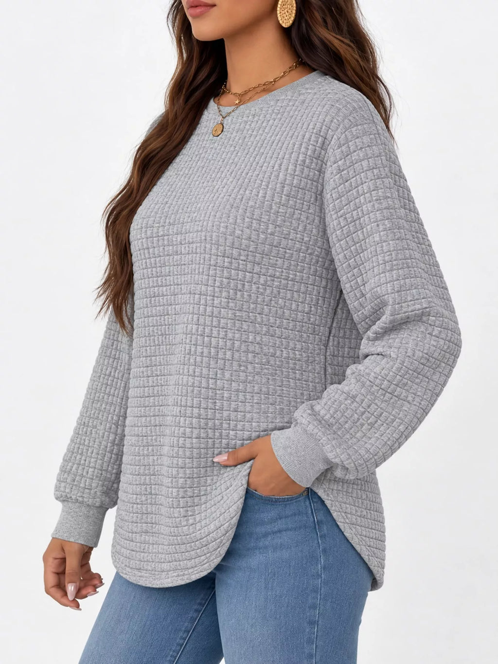 Plus Size Textured Waffle Knit Crew Neck Sweatshirt