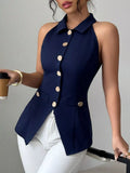 Sleeveless Lapel Collar Button-Down Vest