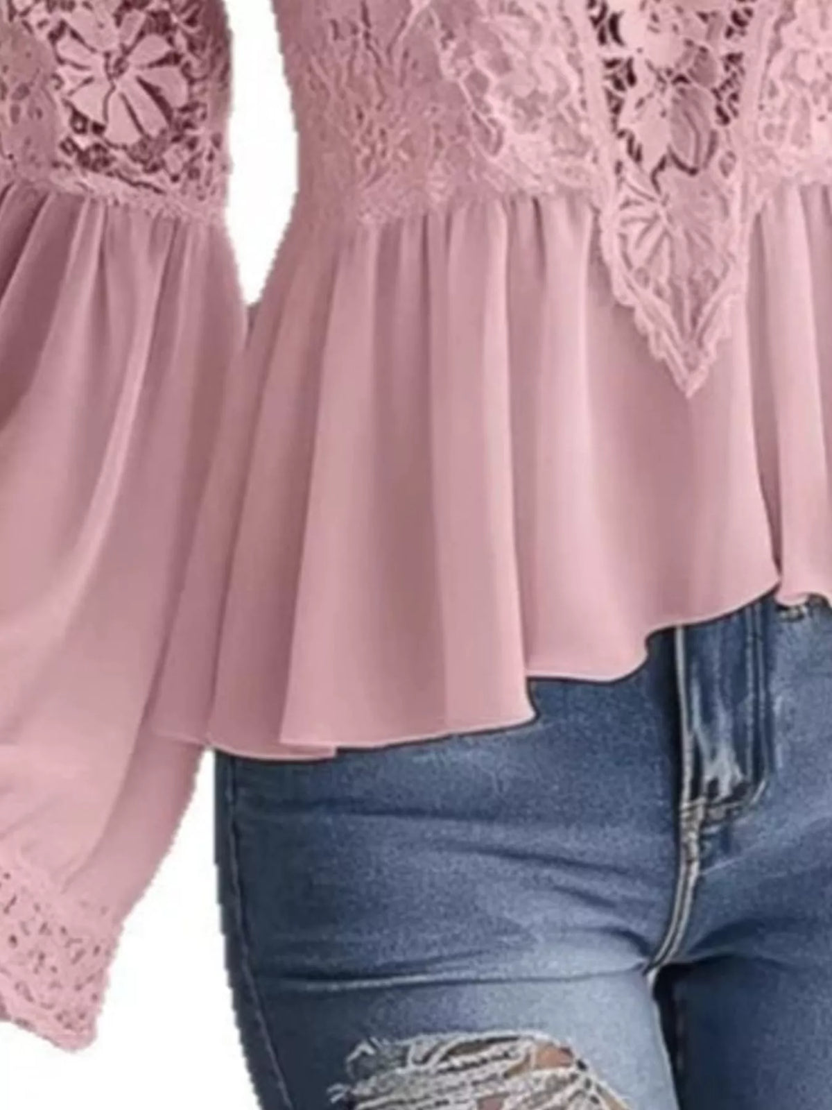 Lace V-Neck Long Sleeve Blouse with Peplum Hem