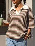 Striped Knit 3/4 Sleeve Polo Top