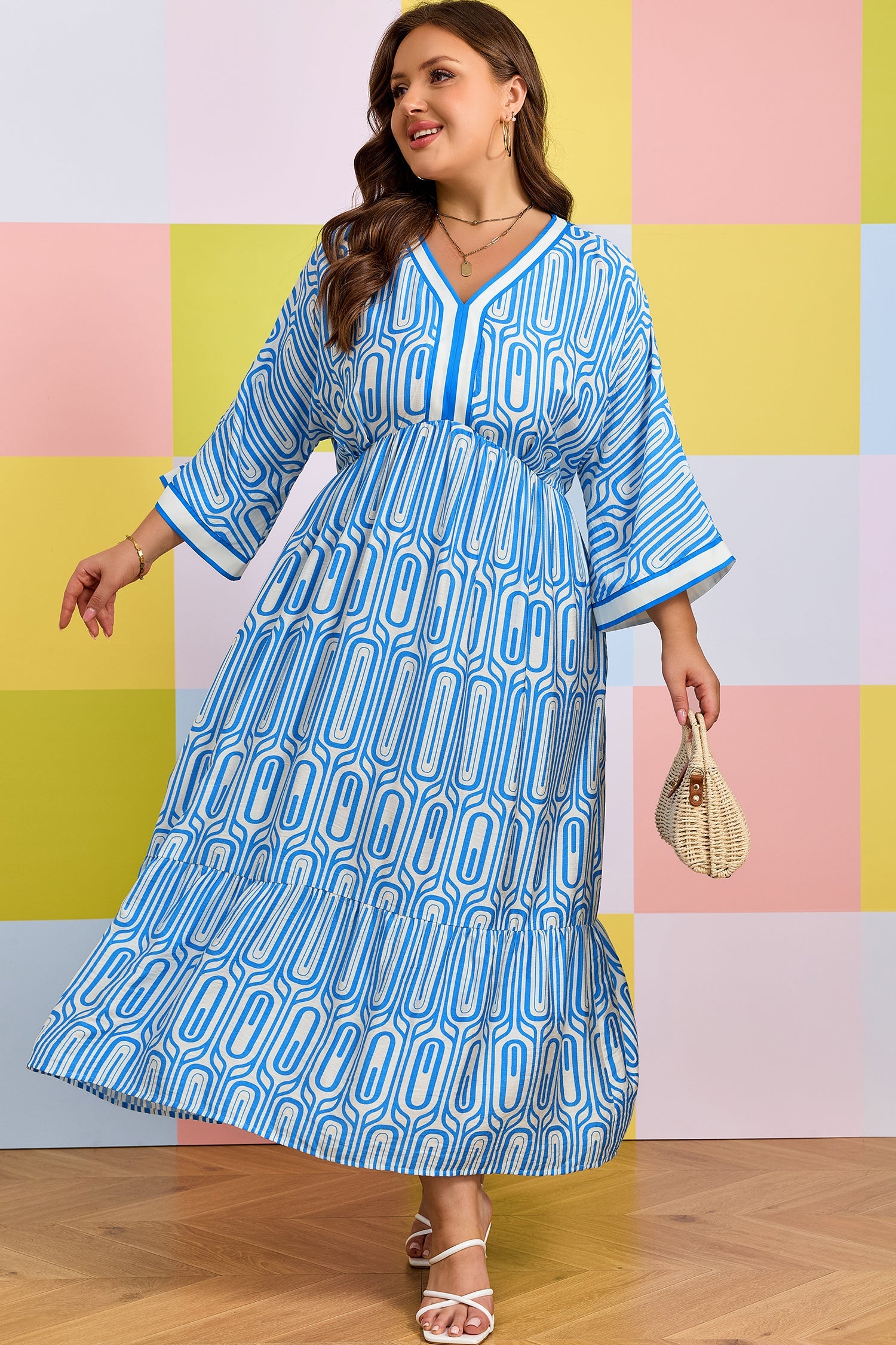 Sky Blue Plus Size Geometric Print Contrast Trim V Neck Bracelet Sleeve Long Dress