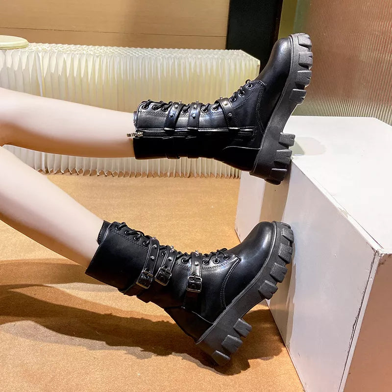 Buckled Lace-Up Combat Boots