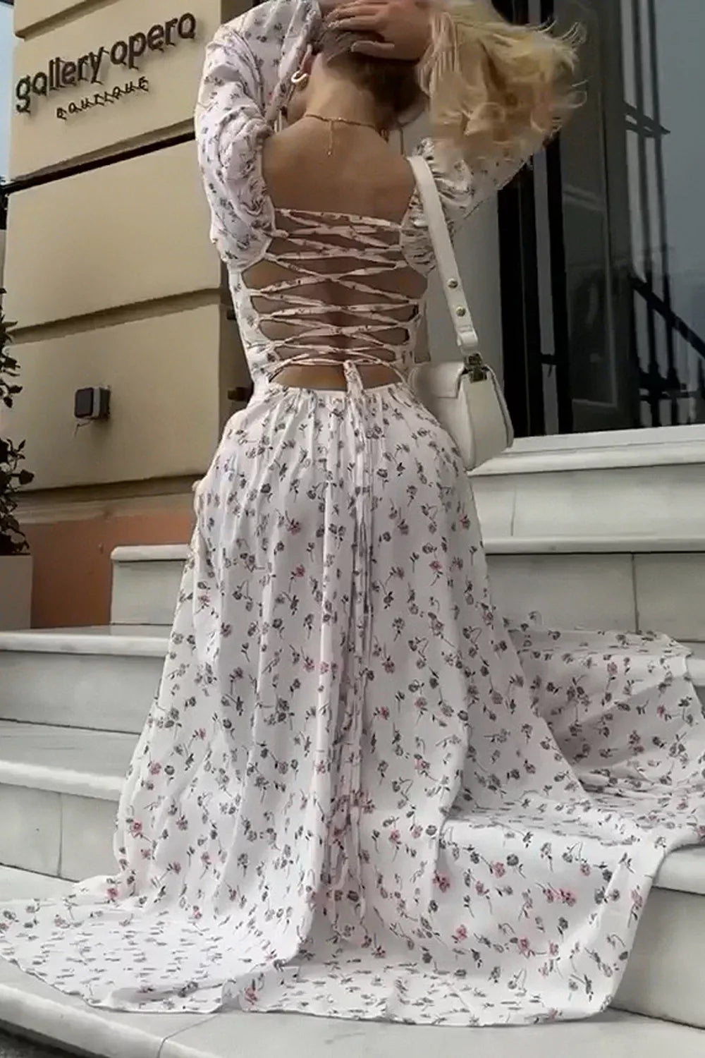 Floral Print Lace Up Back Slit Maxi Dress