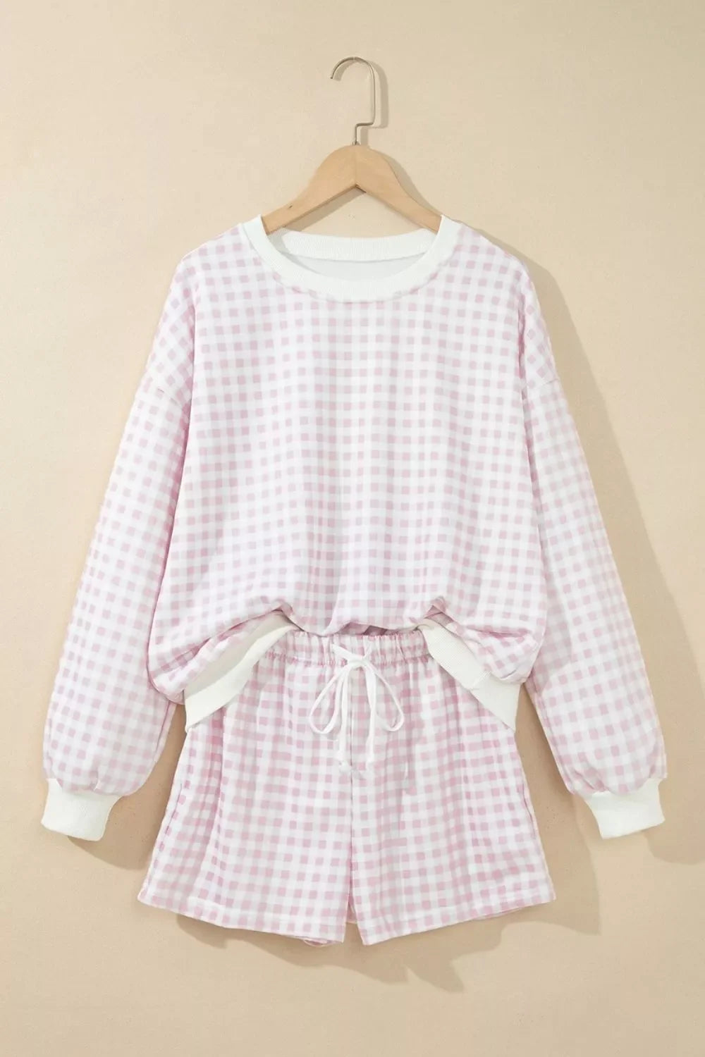 Gingham Long Sleeve Sweatshirt and Shorts Set