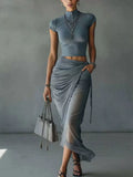 Mock Neck Crop Top and Ruched Maxi Skirt Set