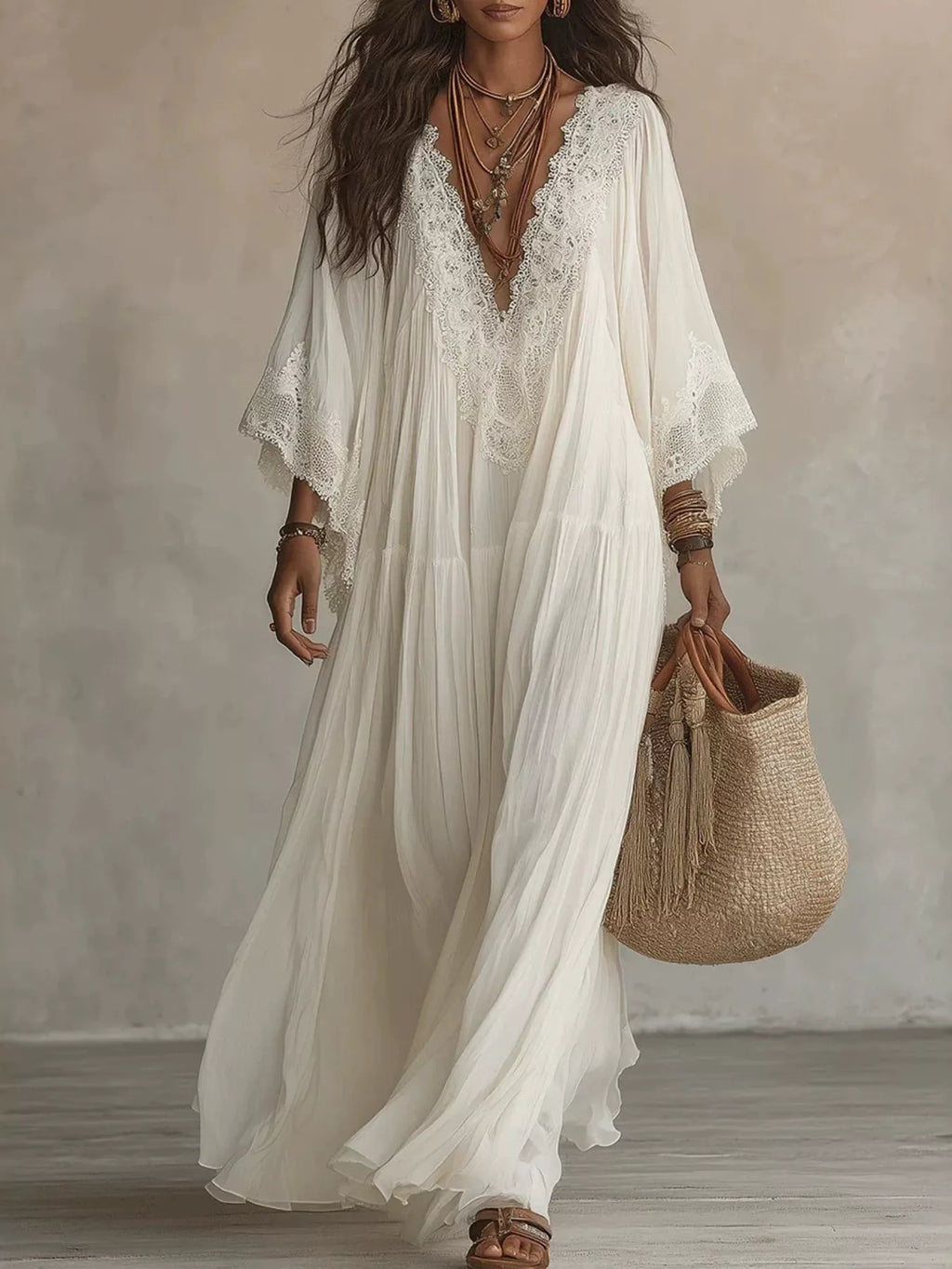 Lace Trim V-Neck Maxi Dress
