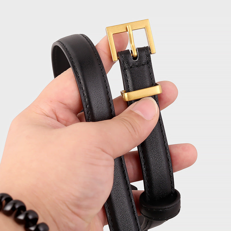 Leather Skinny Belt with Golden Buckle