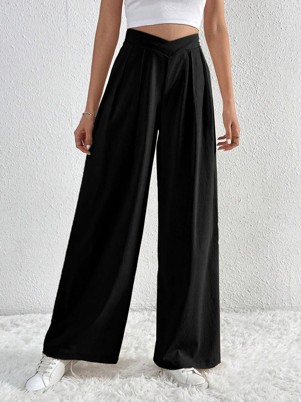 V-Waisted Ruched Front Wide Leg Pants