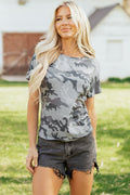 Gray Camouflage Print Round Neck T Shirt