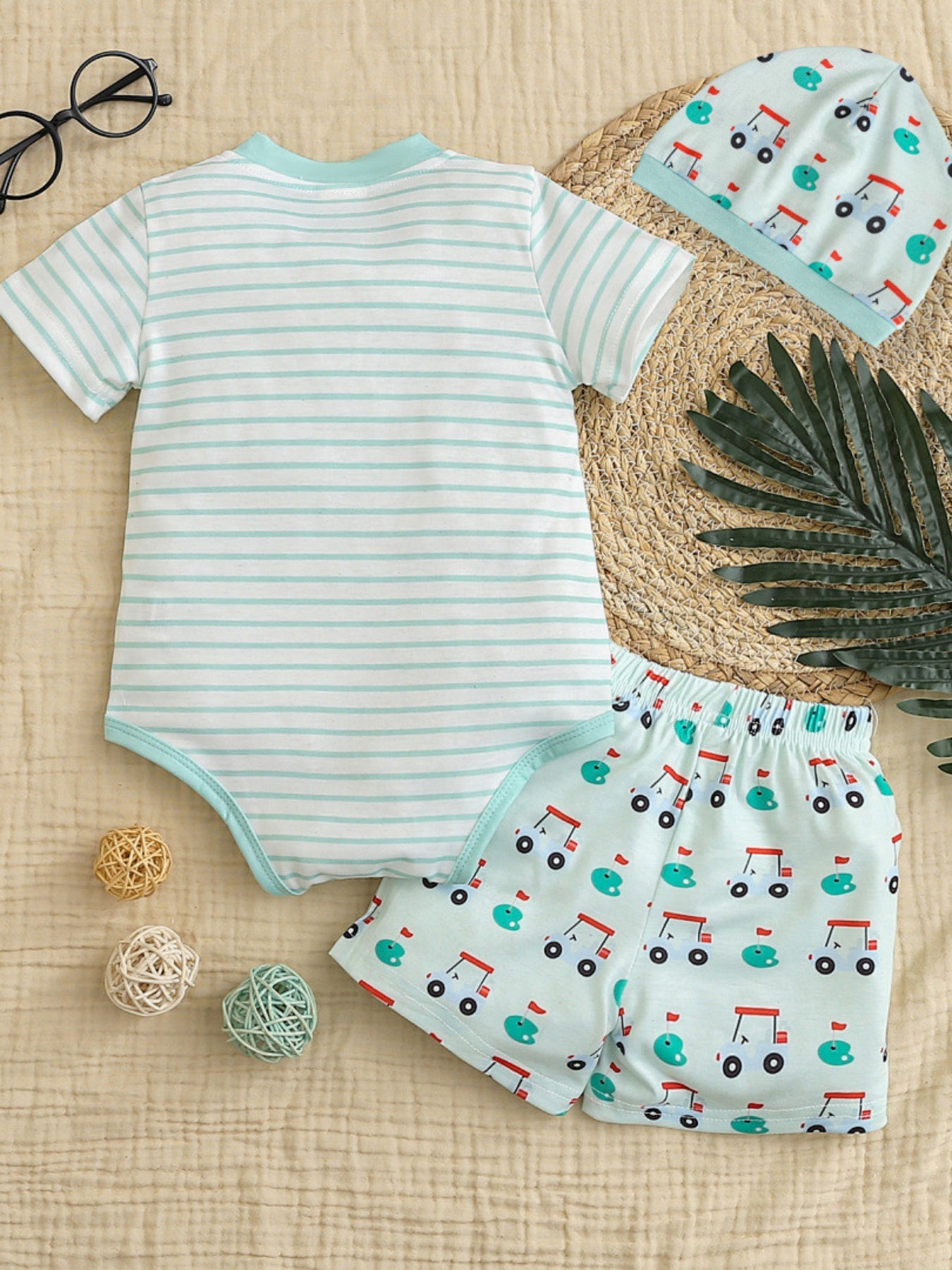 Children's Striped Short Sleeve Bodysuit and Shorts Set with Hat