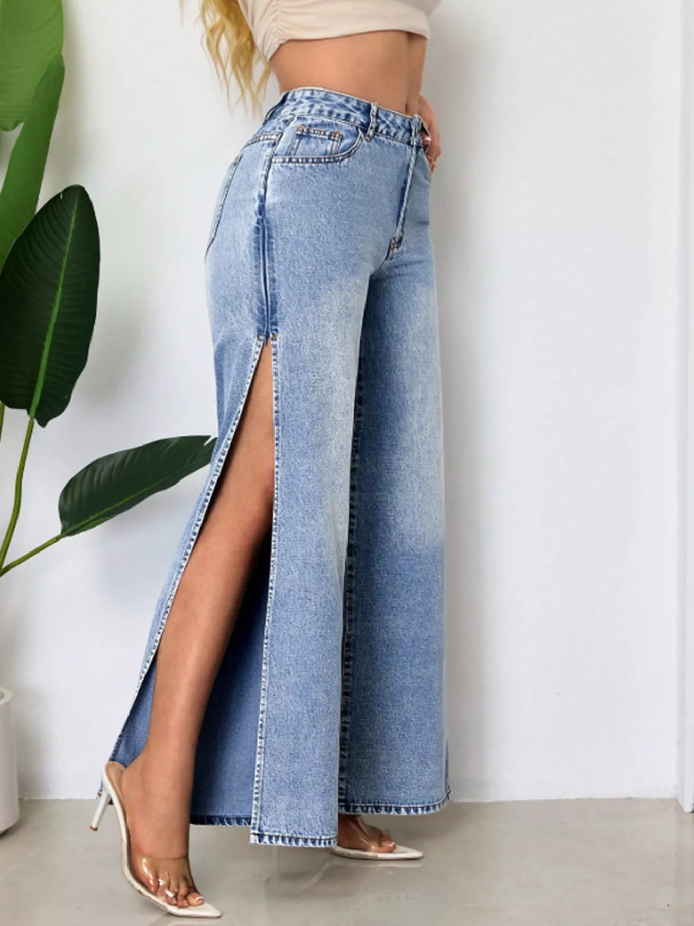 High-Waisted Wide-Leg Jeans with Side Slits