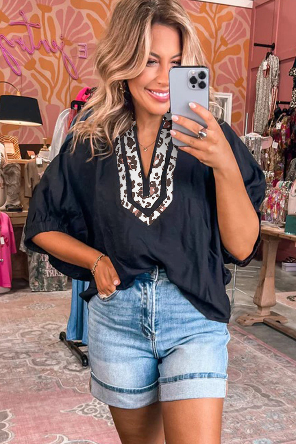 Leopard Patchwork Dolman Sleeve V-Neck Blouse