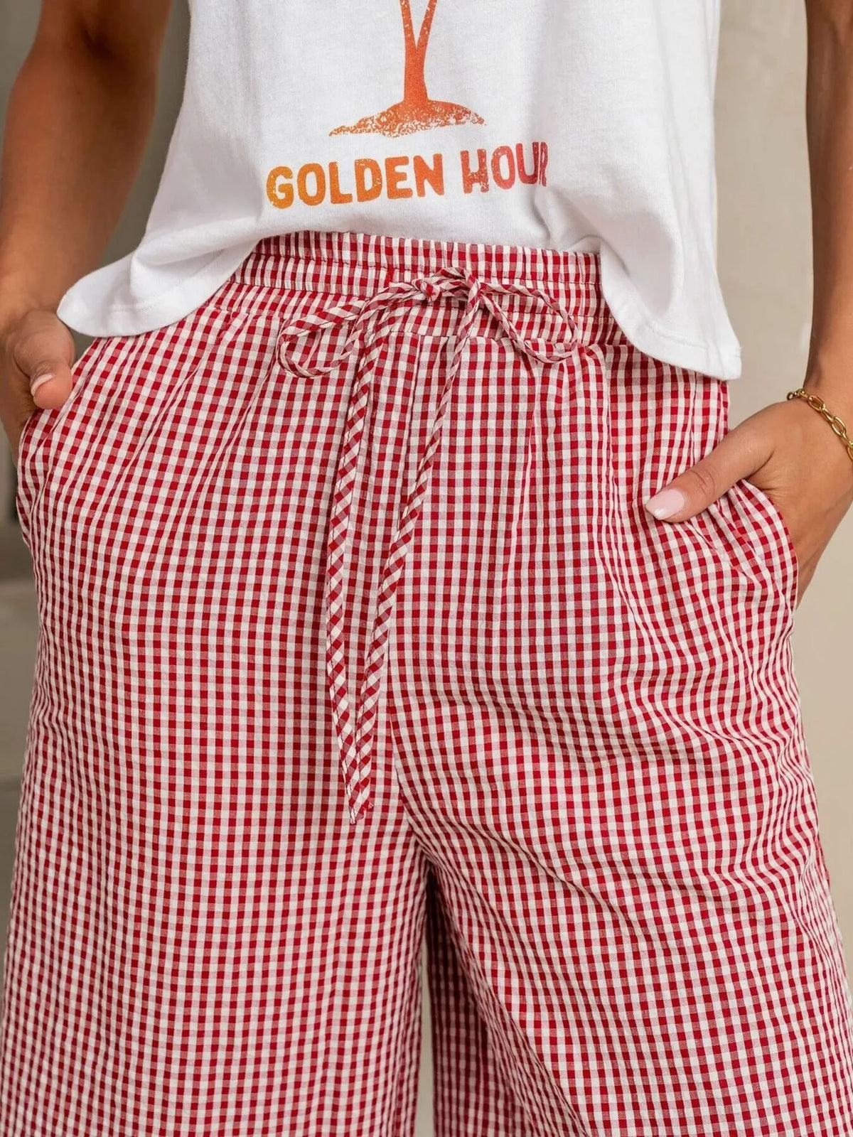 Gingham Wide-Leg Viscose Pants with Drawstring Waist and Pockets