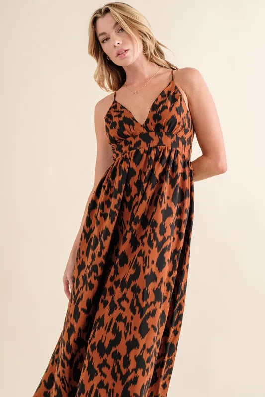 Leopard Print Maxi Dress with Plunging Neckline
