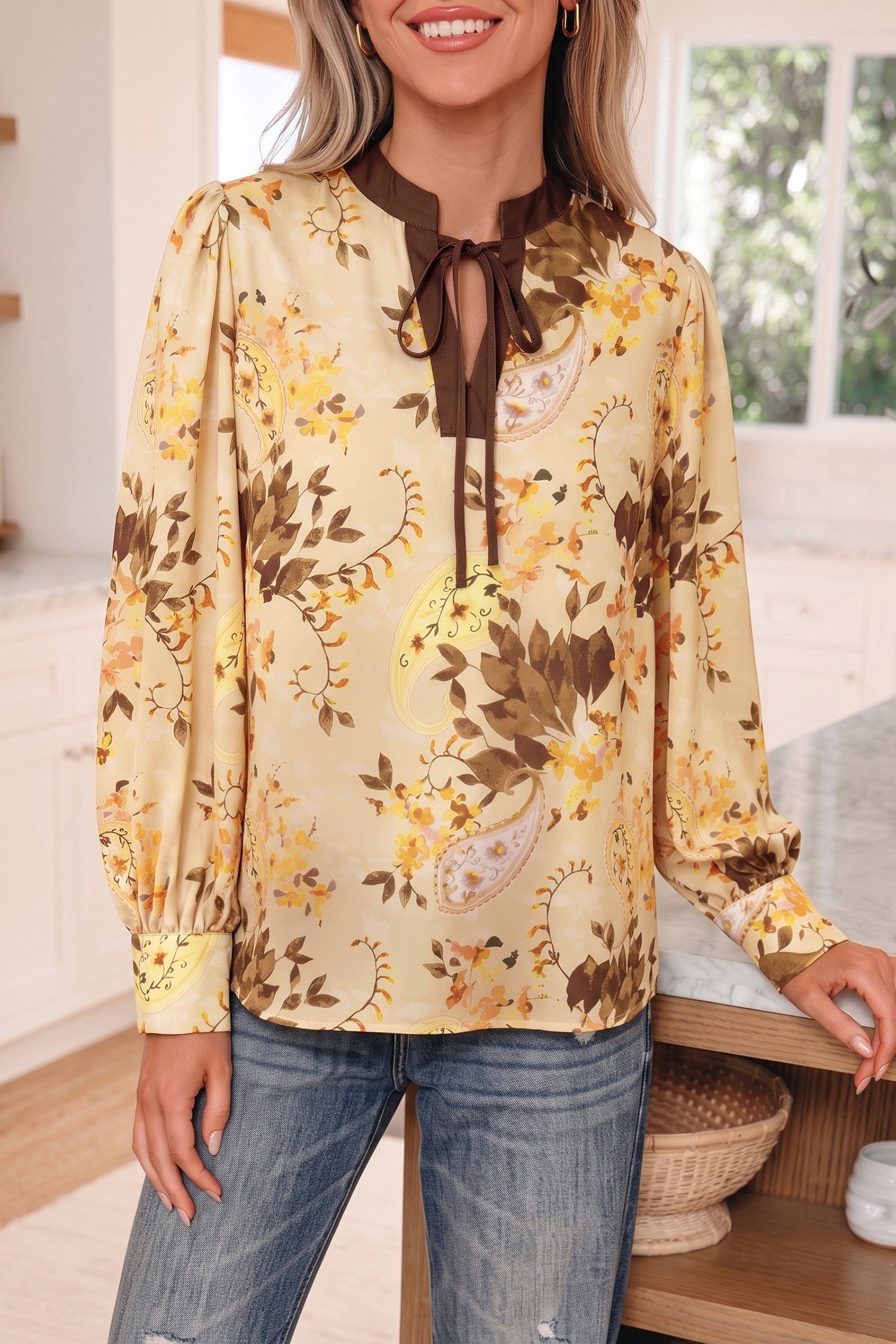 Khaki Paisley Print Tie Neck Long Sleeve Blouse