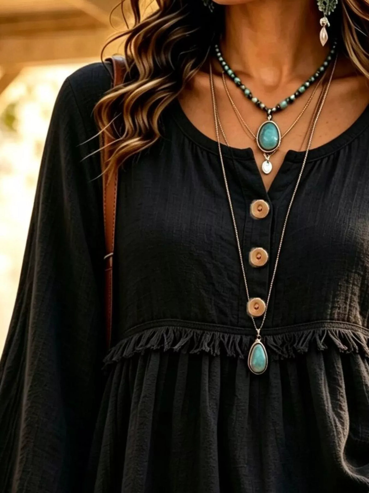Button-Down Detail Fringed Hem Blouse